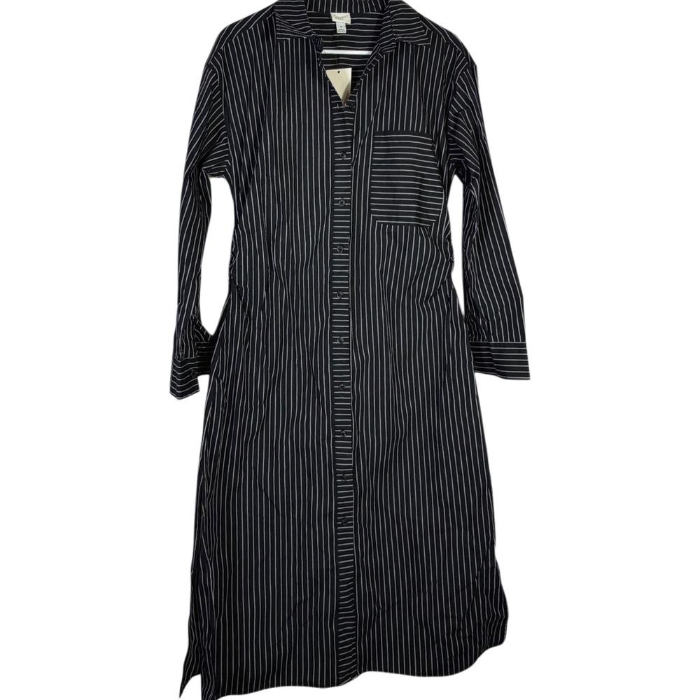 A New Day Black White Pinstripe Cotton Shirt Dress Midi Pockets NWT